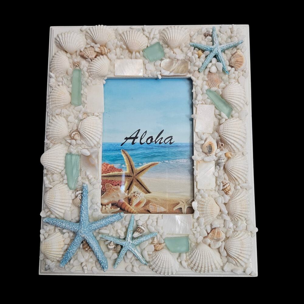 Coastal Seashell & Starfish Picture Frame Beach Decor Tabletop Wall